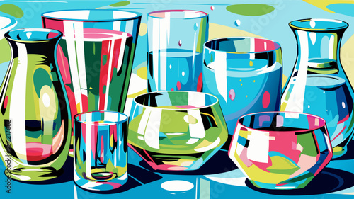 Vibrant Glassware Collection on Abstract Colorful Background