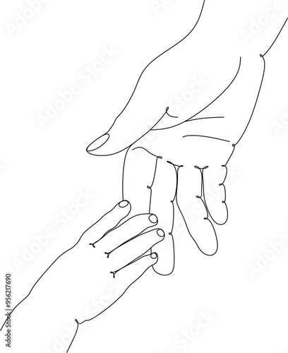 Baby holding mother's finger in line art style, concept of mother's protection and parental care. Mother holding baby's hand