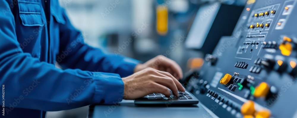 Operator controlling advanced machinery in a high-tech environment, operator work, machine, operation, automation, efficiency Operator controlling advanced machinery in a high-tech environment, operator work, machine, operation, automation, efficiency
