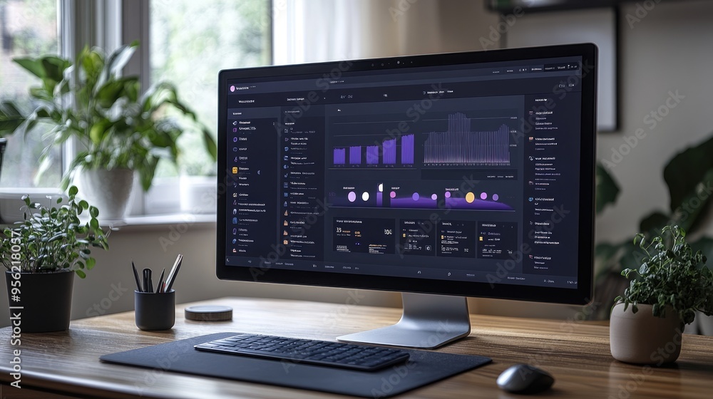 Modern computer showing graphs and data on screen standing on desk in home office Modern computer showing graphs and data on screen standing on desk in home office