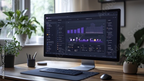 Modern computer showing graphs and data on screen standing on desk in home office