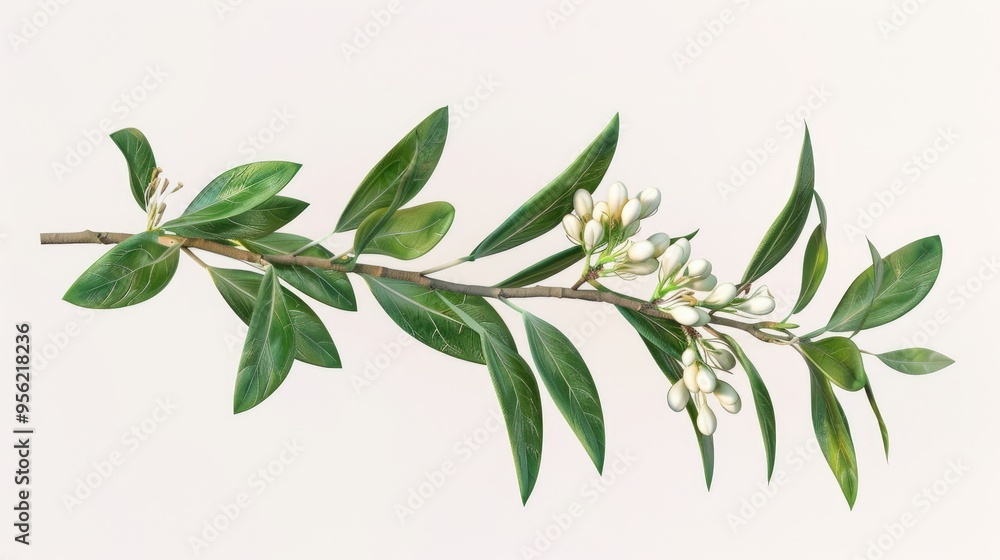 Fragrant Sweet Box branch with leaves and flower buds Latin name Sarcococca ruscifolia Fragrant Sweet Box branch with leaves and flower buds Latin name Sarcococca ruscifolia