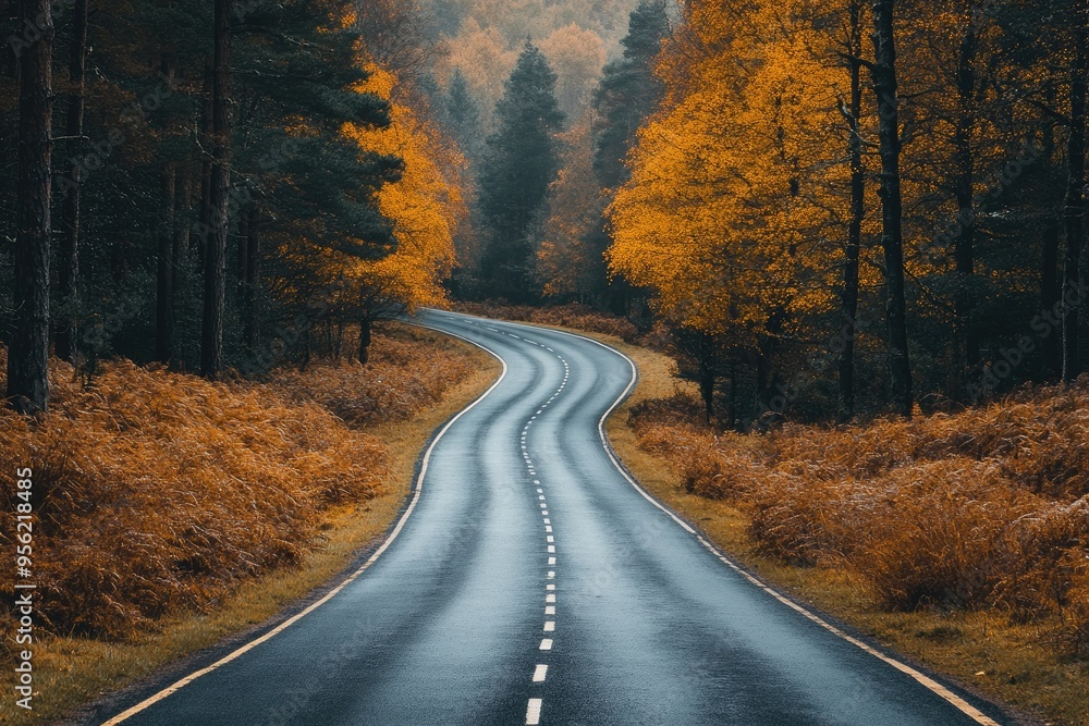 Winding country road passing through autumn forest Winding country road passing through autumn forest