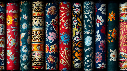 Rolled Up Colorful Rugs with Floral Patterns