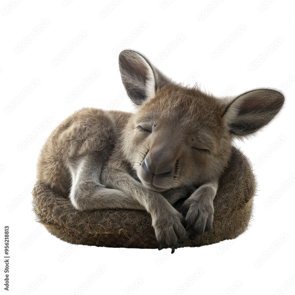 Obraz premium A cute, sleeping kangaroo resting peacefully in a cozy nest, showcasing its adorable features and calm demeanor.