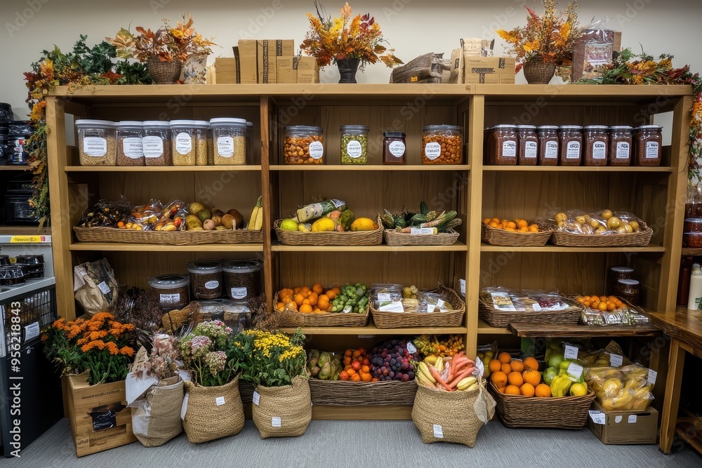 A well-organized display of various fruits, vegetables, and preserves on wooden shelves. A well-organized display of various fruits, vegetables, and preserves on wooden shelves.