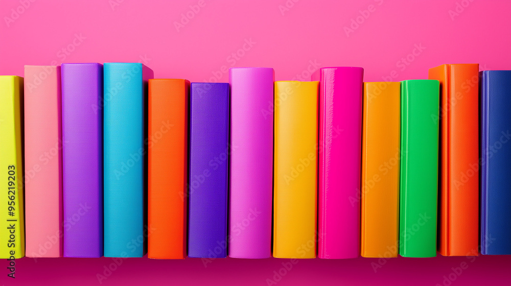 Fototapeta premium colorful stack of books upward on pink background 