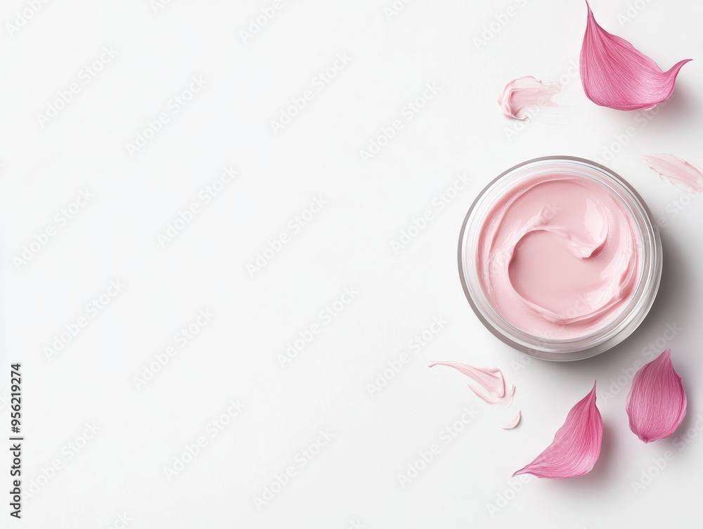 Obraz premium A delicate pink cream in a glass jar surrounded by soft pink petals, offering a serene and elegant aesthetic for beauty products.