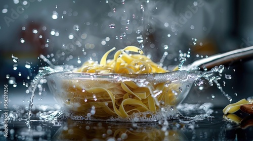 Cooking fettuccine pasta into boiling water in a transparent glass saucepan photo