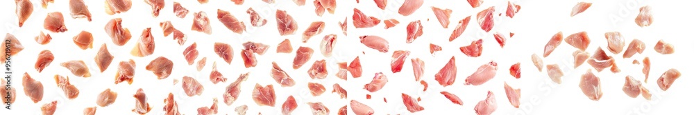 Selected focus on a falling raw chicken on a white background Selected focus on a falling raw chicken on a white background