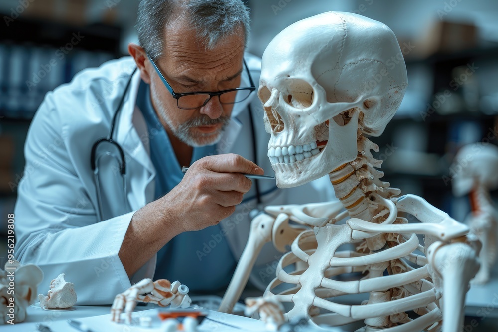 Doctor studying human skeleton anatomy in his office Doctor studying human skeleton anatomy in his office