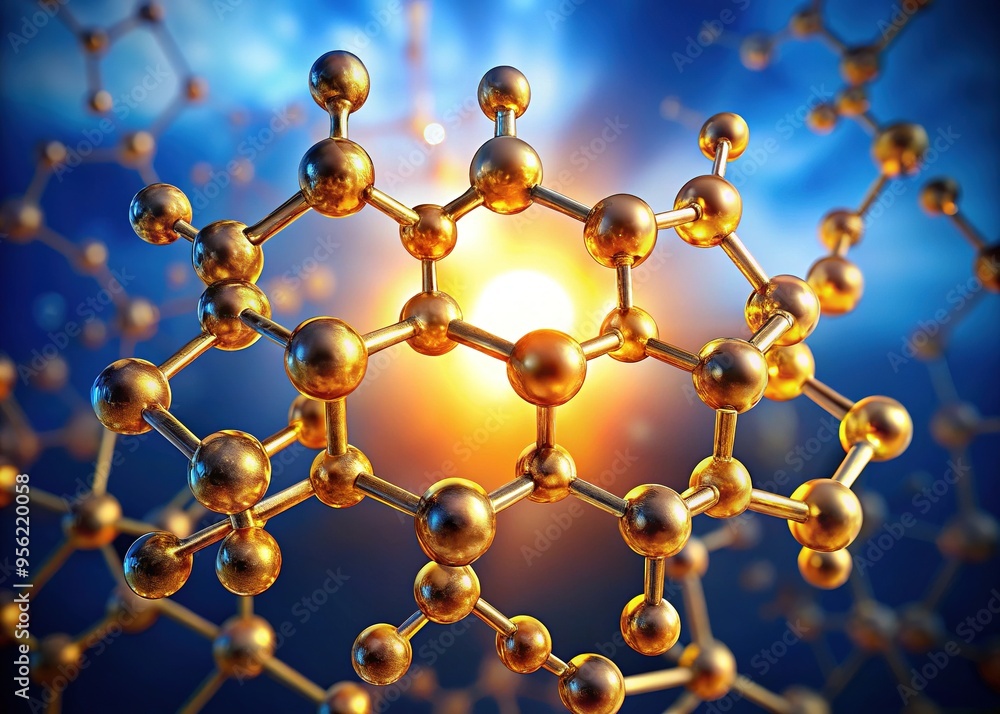 A crystalline sugar molecule with six carbon atoms suspended in warm light shines against calming blue hues, peaceful and serene. A crystalline sugar molecule with six carbon atoms suspended in warm light shines against calming blue hues, peaceful and serene.