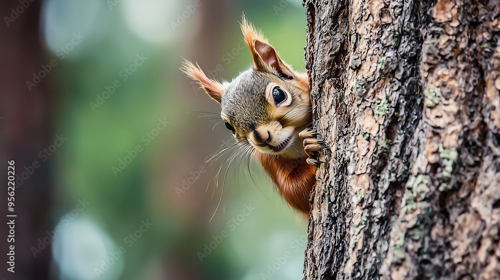 Curious Squirrel Peeking from Behind a Tree in the Forest Curious Squirrel Peeking from Behind a Tree in the Forest