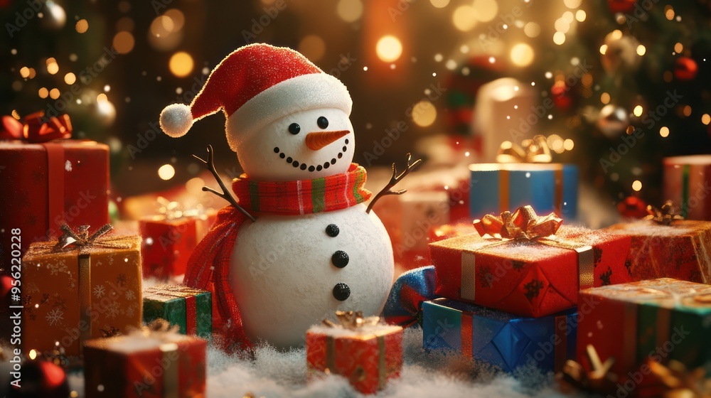 Snowman with Present and Snow in Christmas Snowman with Present and Snow in Christmas