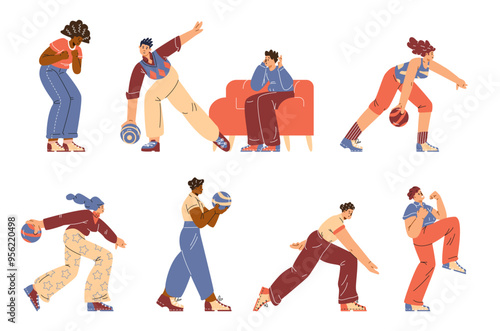 Set of dynamic characters playing bowling on an isolated background.