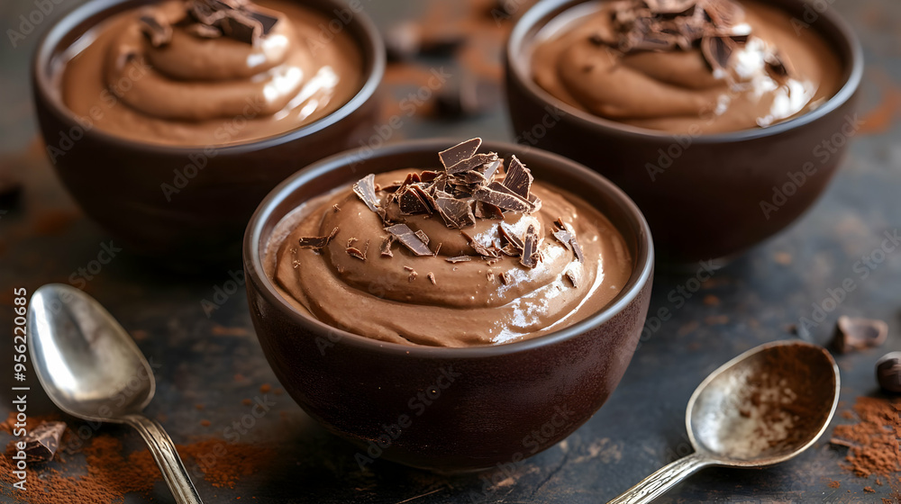 Delicious Chocolate Mousse Dessert in Bowls with Chocolate Shavings Delicious Chocolate Mousse Dessert in Bowls with Chocolate Shavings