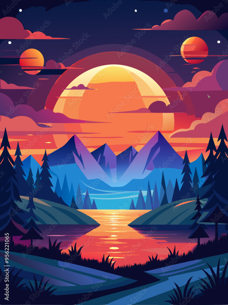 Sunset Over Mountains and a Still Lake with Silhouetted Trees Sunset Over Mountains and a Still Lake with Silhouetted Trees