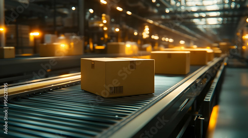 Conveyor Belt with Cardboard Boxes in a Warehouse