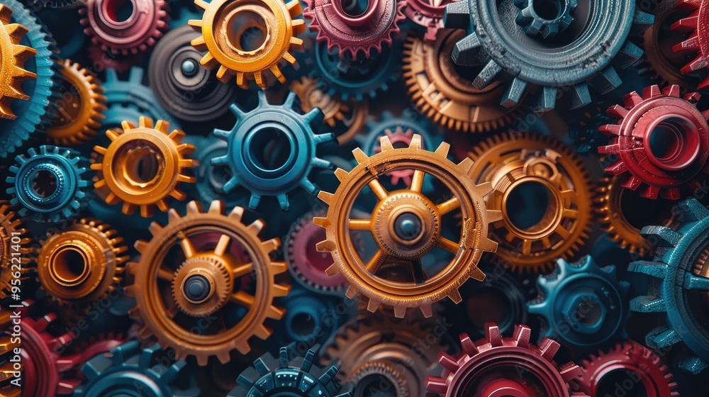 A variety of colored gears arranged in a dense, interlocking pattern. A variety of colored gears arranged in a dense, interlocking pattern.