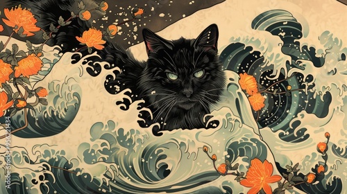 Ukiyo e artistic image of black cat flower tattoo wave repeat
