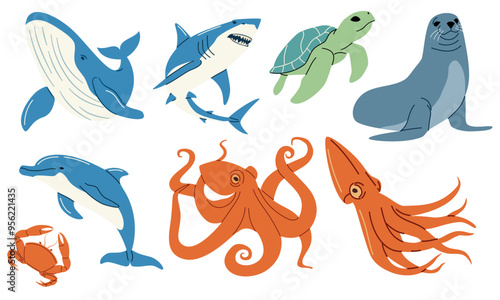 Set of flat vector illustrations. Animals of the sea, whale dolphin crab squid octopus seals turtle shark. . Vector illustration
