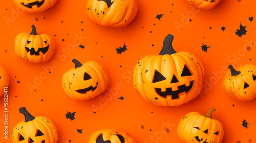 Colorful assortment of Halloween pumpkins on bright orange background featuring various playful designs and expressions photo