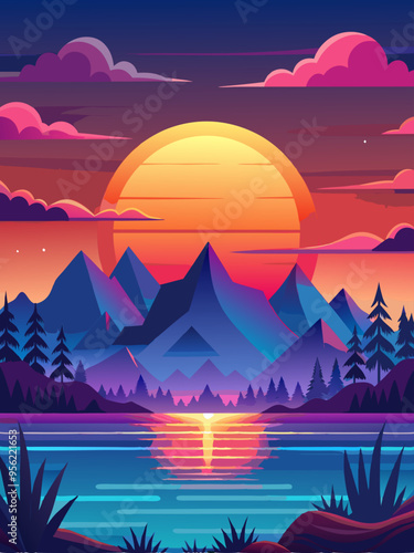 Sunset over a Mountain Range Reflecting in a Lake