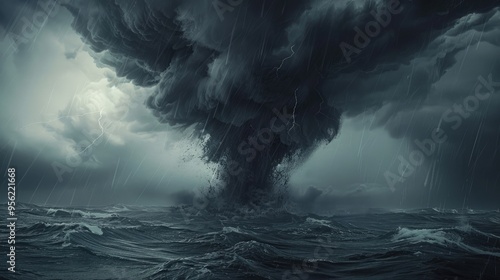 cyclone a huge black cloud pours rain on the sea photo