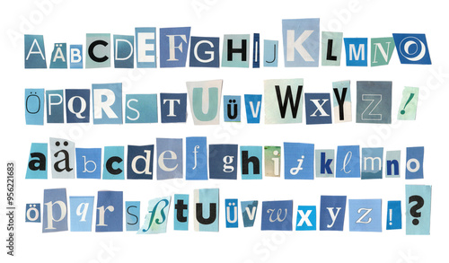 Blue cut-out letters of the alphabet arranged with both uppercase and lowercase letters, collaged typography.