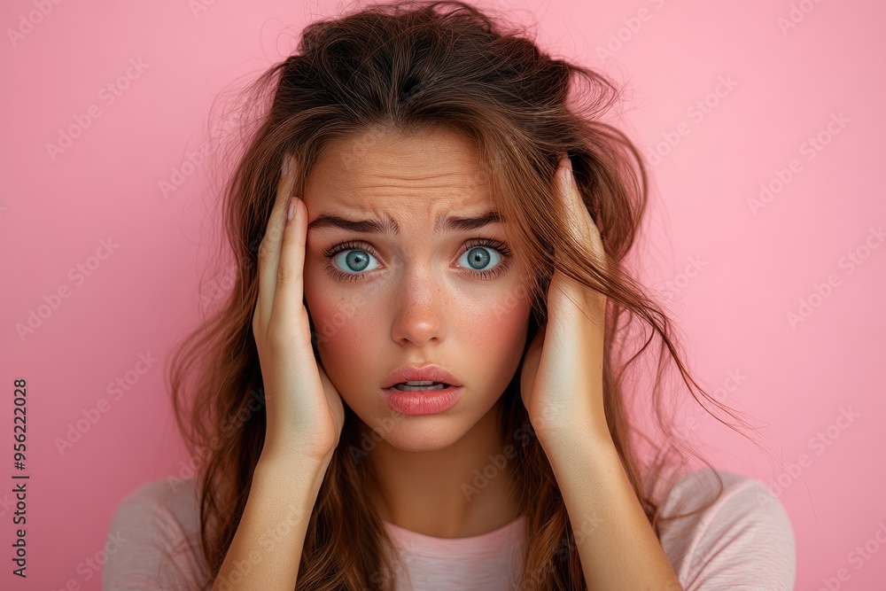 Young woman touching her face and looking shocked on pink background Young woman touching her face and looking shocked on pink background
