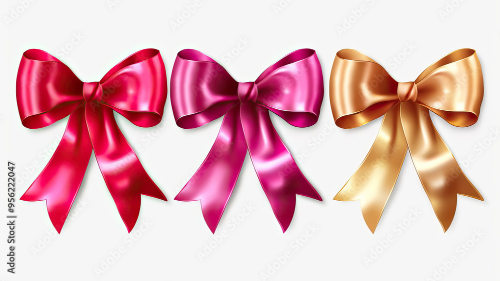 Trio of Vibrant Ribbon Bows on White Background Trio of Vibrant Ribbon Bows on White Background