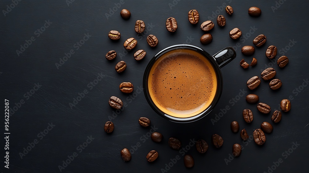 A black cup of coffee with foam on top, surrounded by coffee beans on a black background. A black cup of coffee with foam on top, surrounded by coffee beans on a black background.