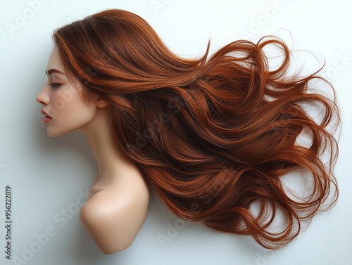 Elegant profile of a woman with flowing, vibrant chestnut hair cascading gracefully, showcasing beauty and style.