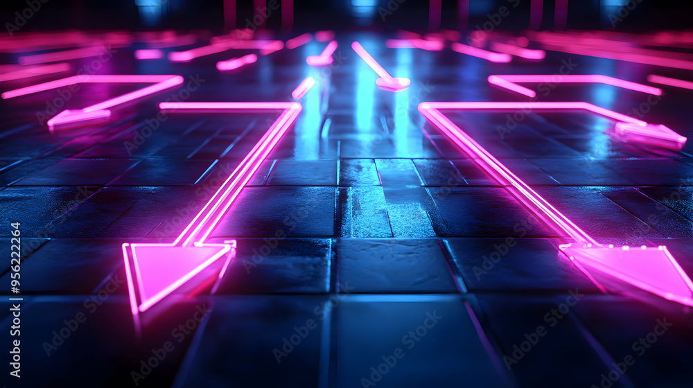 Neon Pink Arrow Path on Blue Floor Direction Choice Future Decision Neon Pink Arrow Path on Blue Floor Direction Choice Future Decision
