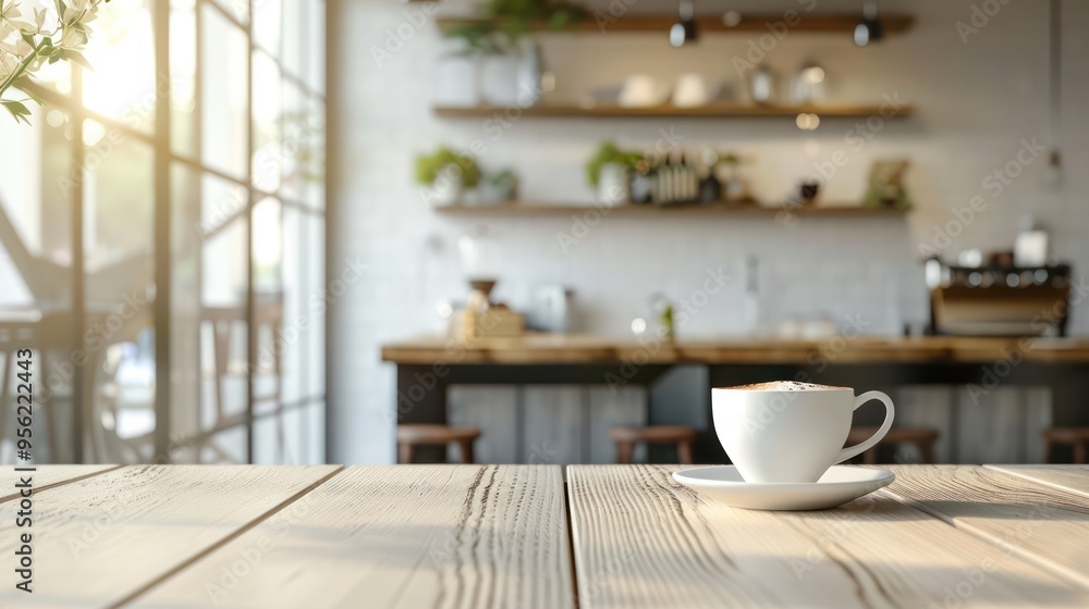 Empty minimal table and blurred background in a white coffee shop Empty minimal table and blurred background in a white coffee shop