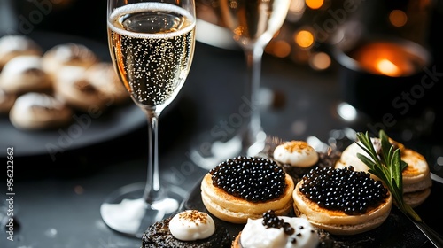 Elegant presentation of caviar with blinis, crème fraîche, and champagne, emphasizing a luxury dining experience  photo