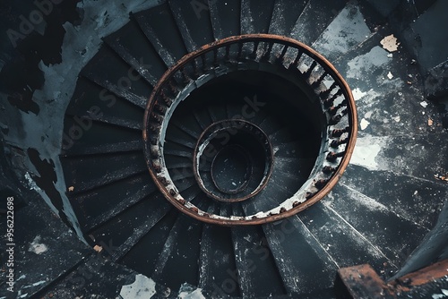 Endless Staircase A spiral staircase with countless steps ascends into an inky black void, offering no escape