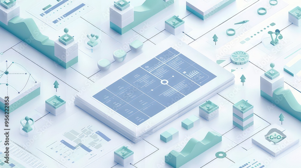 An isometric view of a financial report presentation with complex flowcharts and data matrices, rendered in subtle shades of blue and green, isolated on a white background for clarity. An isometric view of a financial report presentation with complex flowcharts and data matrices, rendered in subtle shades of blue and green, isolated on a white background for clarity.