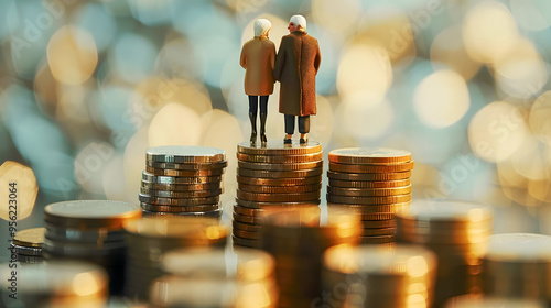 Concept of retirement planning. Old couple standing on top of coin stack. Retirement saving or investment pension fund, planning for wealth and expense for living after retire