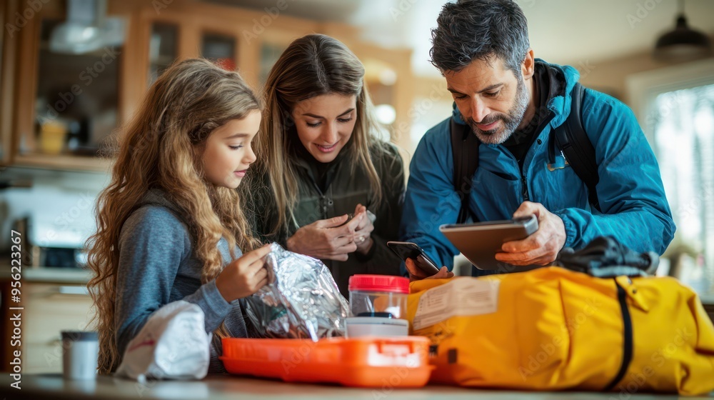 Fototapeta premium Family members checking their emergency kit contents against a checklist, ensuring they have everything needed for any situation.