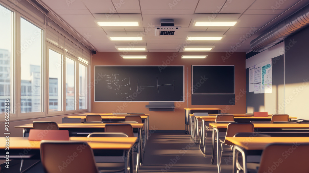 Bright classroom interior with wooden desks and a chalkboard in a sunny school setting during daytime Bright classroom interior with wooden desks and a chalkboard in a sunny school setting during daytime