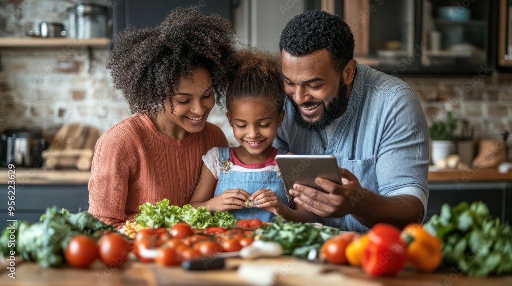 Family members organizing a shared meal plan on a tablet, ensuring dietary preferences and health needs are met efficiently. Family members organizing a shared meal plan on a tablet, ensuring dietary preferences and health needs are met efficiently.