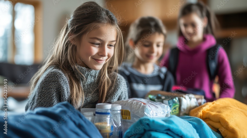 Obraz premium Family members organizing emergency supplies, such as blankets, water, and canned food, into an easy-to-carry backpack.