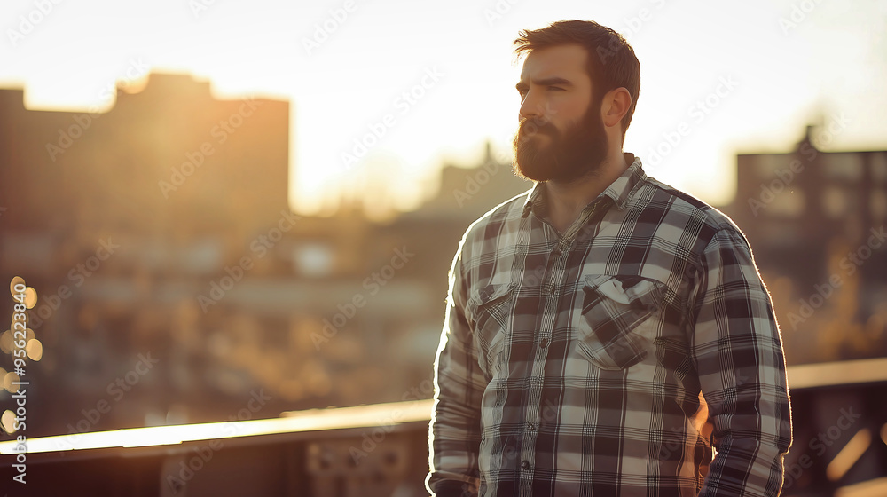 Fototapeta premium Bearded Man in a Plaid Shirt During Golden Hour