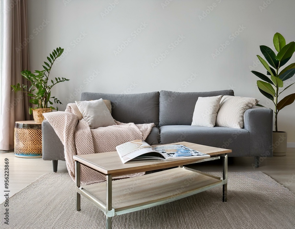 Interior of cozy living room with grey sofa and coffee table near white wall Interior of cozy living room with grey sofa and coffee table near white wall