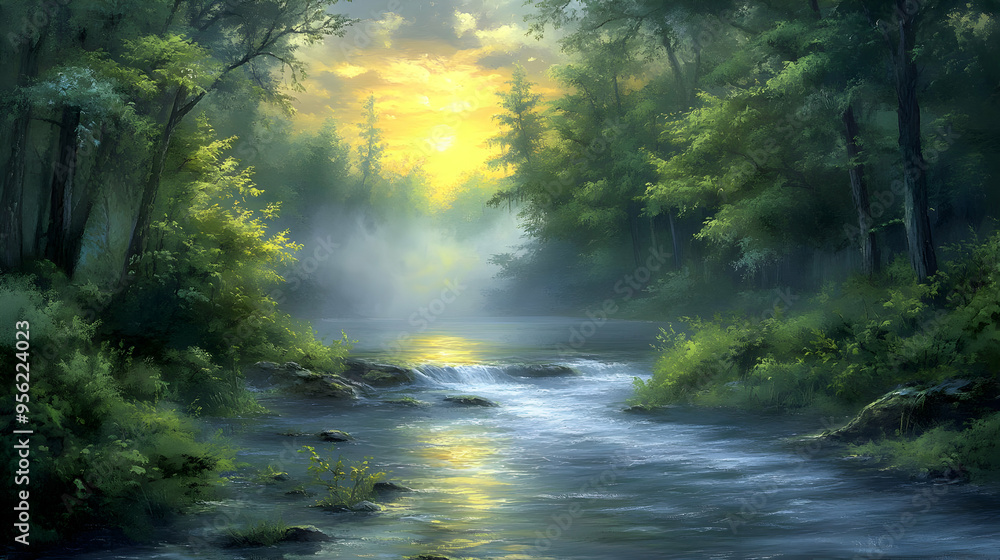 Fototapeta premium Sunrise Over Forest River