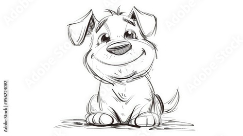 A line art drawing of a happy dog with a large head and small body, giving it a whimsical, cartoonish look, in black ink on white. photo