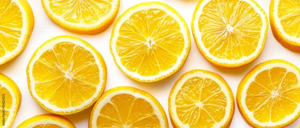Stylized lemon slices in a repeating pattern, vibrant yellow on white background, fresh and modern design Stylized lemon slices in a repeating pattern, vibrant yellow on white background, fresh and modern design