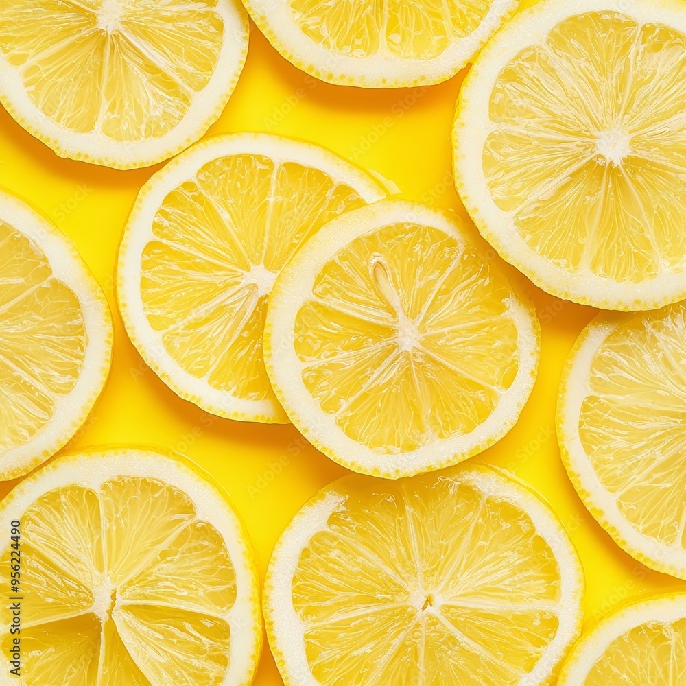 Close-up of lemon slices forming a uniform pattern, bright yellow background, highlighting the citrus texture Close-up of lemon slices forming a uniform pattern, bright yellow background, highlighting the citrus texture