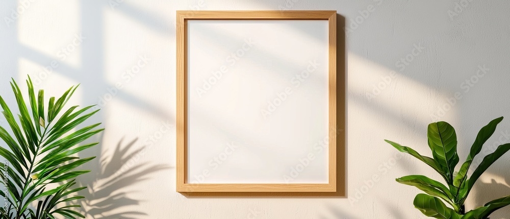 Minimalist wooden frame in a sunlit room, shadows of plants adding natural textures, serene and calm atmosphere Minimalist wooden frame in a sunlit room, shadows of plants adding natural textures, serene and calm atmosphere